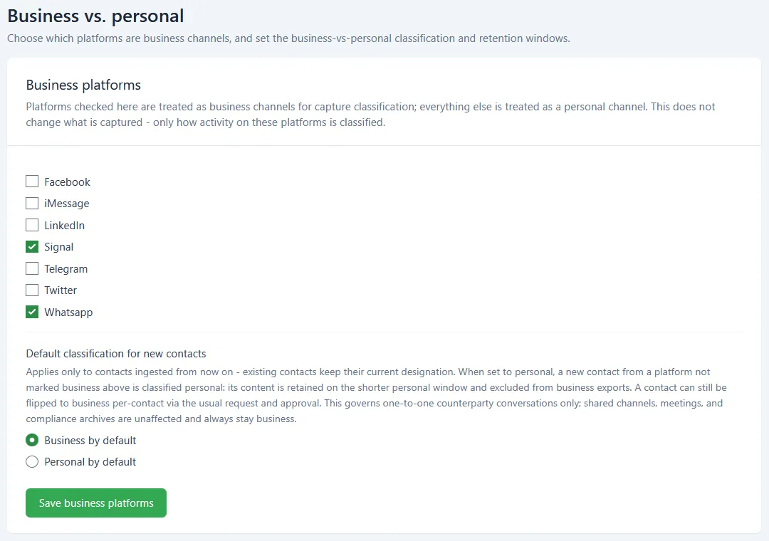 The Business vs. personal page showing the Business platforms checklist with Signal and WhatsApp checked, and the default classification options below