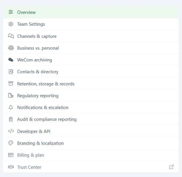 The Configuration Center sidebar with Overview selected, listing Team Settings, Channels & capture, Business vs. personal, and the other configuration sections