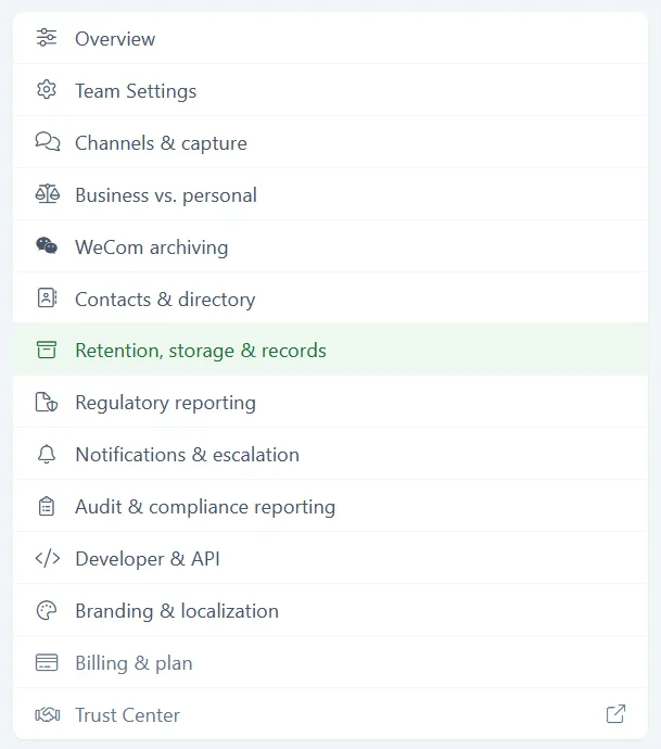The Configuration sidebar with Retention, storage & records selected