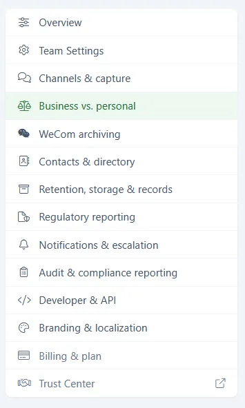 The Configuration menu with Business vs. personal selected, alongside Team Settings, Channels & capture, and other sections