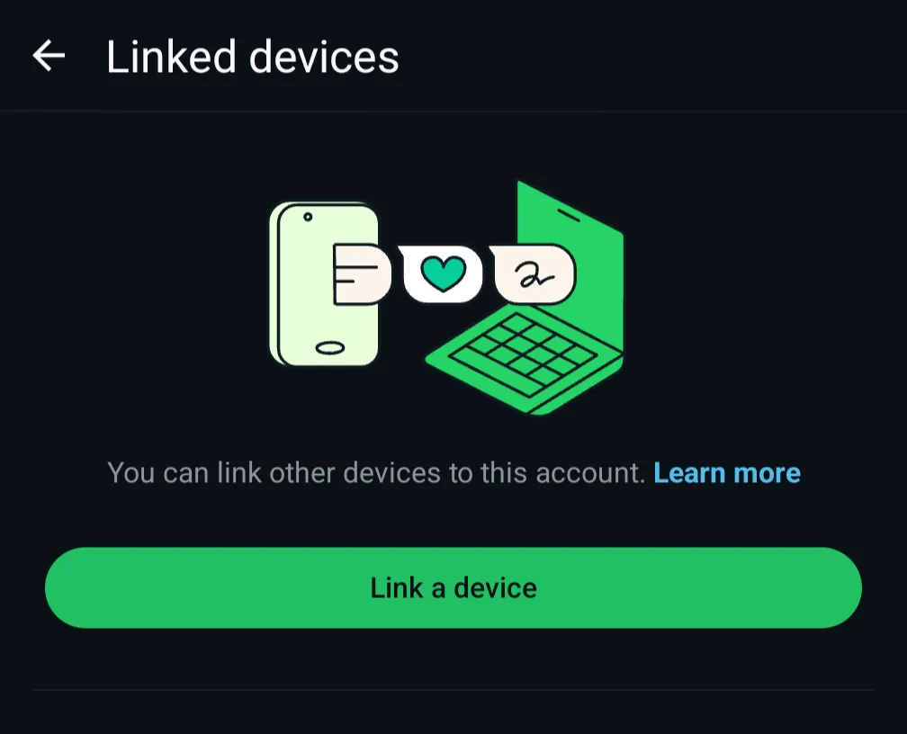 WhatsApp phone screen showing the Linked Devices menu with Link a Device option