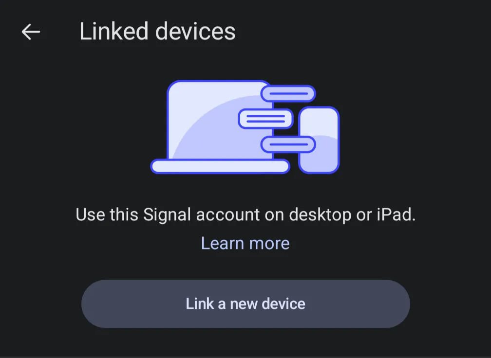 Signal phone screen showing the Linked Devices menu with Link a New Device option