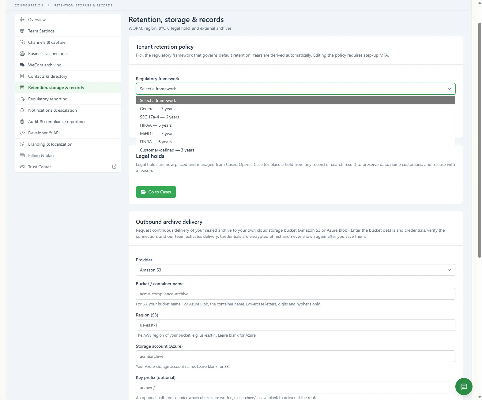 The Outbound archive delivery form with provider set to Amazon S3 and fields for bucket name, region, storage account, and key prefix