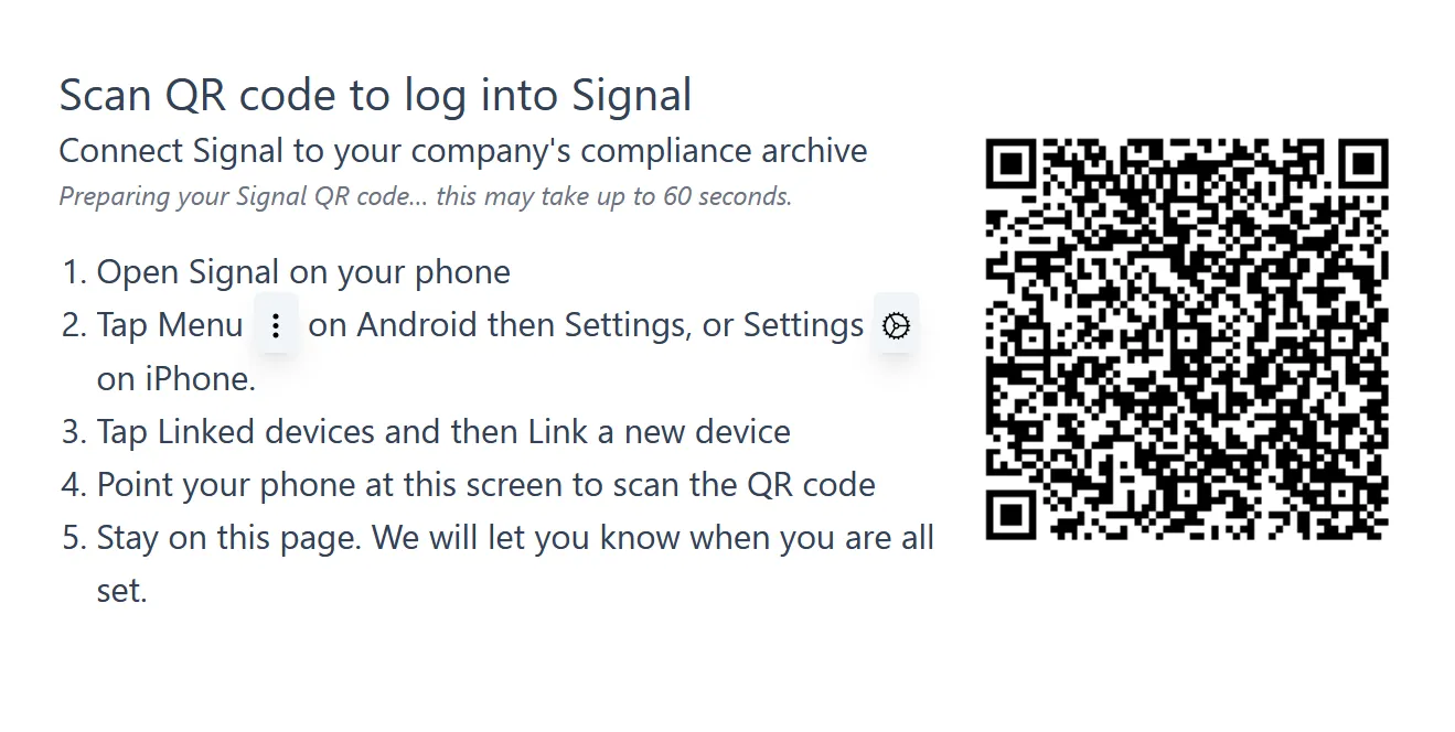 QR code pairing screen for Signal displayed in the Comma dashboard