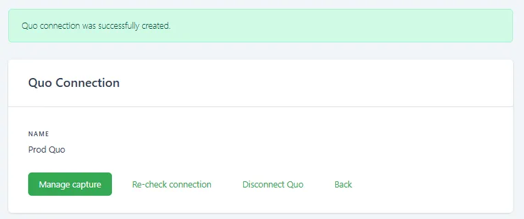 Quo connection successfully created