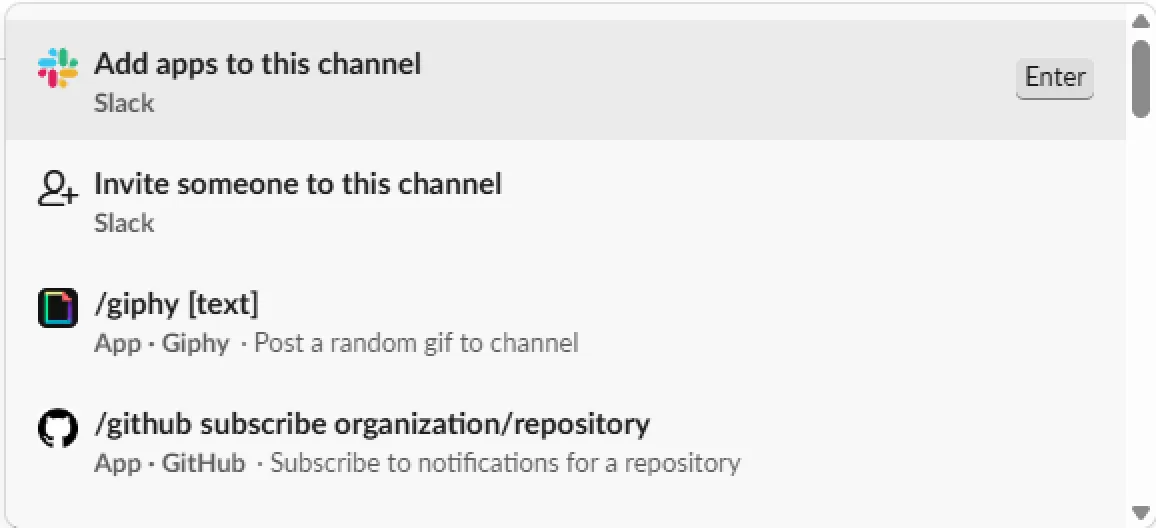 Slack slash menu showing Add apps to this channel option
