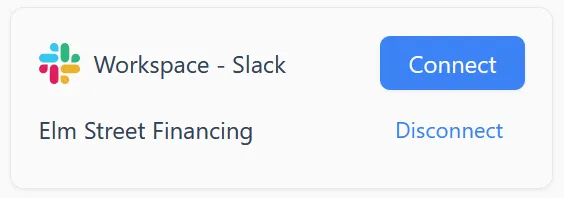 Slack integration card showing Connect button and a connected workspace