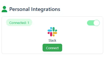 Personal Integrations page showing the Slack card with a Connect button