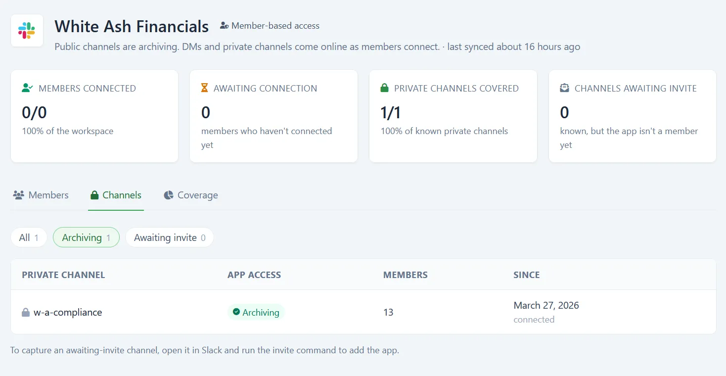 Slack workspace Channels tab showing archiving and awaiting-invite status per private channel